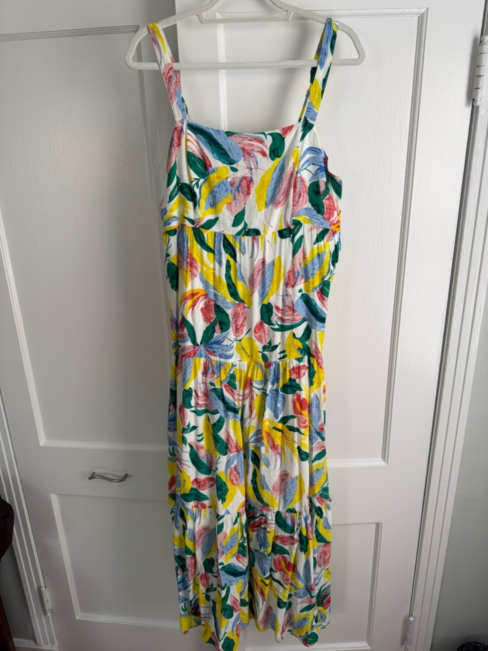 Skies Are Blue White maxi Dress with Yellow, Pink & Blue Leaf Print